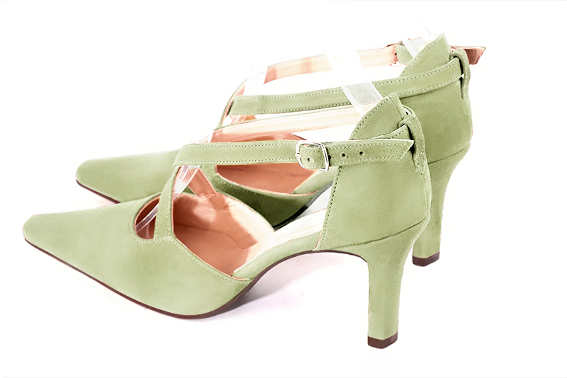 Meadow green women's open side shoes, with crossed straps. Tapered toe. High slim heel. Rear view - Florence KOOIJMAN
